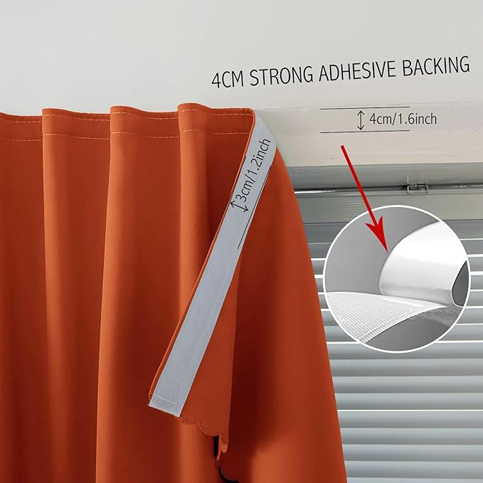 Self Adhesive Curtains Portable Blackout Curtain Simple and Easy to Install Bedroom Window Thermal Lnsulated Kitchen Room Darkening Black Small Drapes, 35" W X 59" L, Orange, 1 Panel