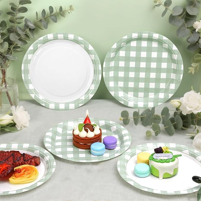 32 Pcs Sage Green Gingham Party Plates - 9 Inch Checkered Plaid Dessert Plates Disposable Sage Green and White Paper Plate - For Picnic BBQ Birthday Dinner Party Supplies