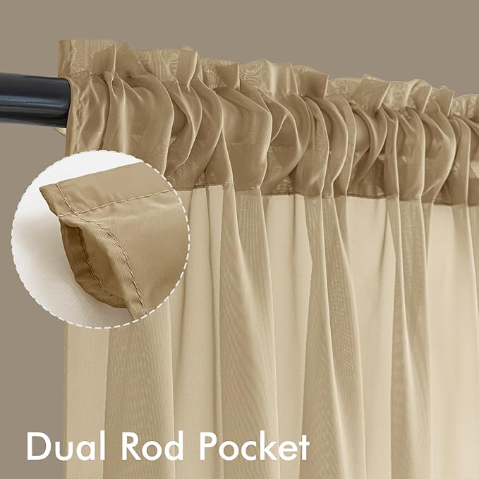 MIULEE Beige Sheer Curtains 108 Inches Long, 4 Panels Set, Rod Pocket Voile Drapes Light Filtering and Semi Transparent, Elegant Window Treatments for Bedroom Living Room,42 x 108 Inches