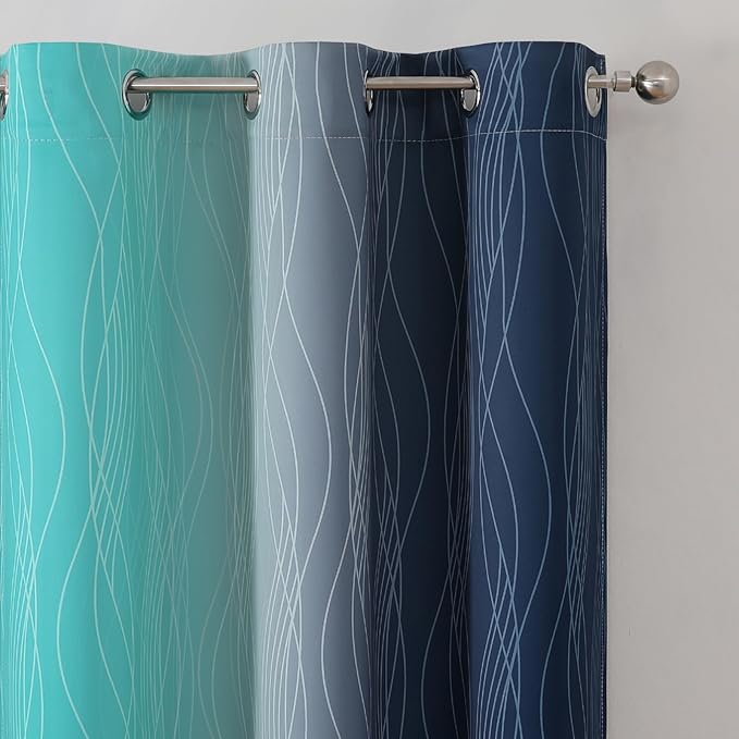 Estelar Textiler Navy Blue and Teal Ombre Blackout Curtains 54 Inch Length 2 Panels, Full Room Darkening Gradient Drapes for Kitchen, Thermal Insulated Grommet Short Curtains for Bedroom,42Wx54L