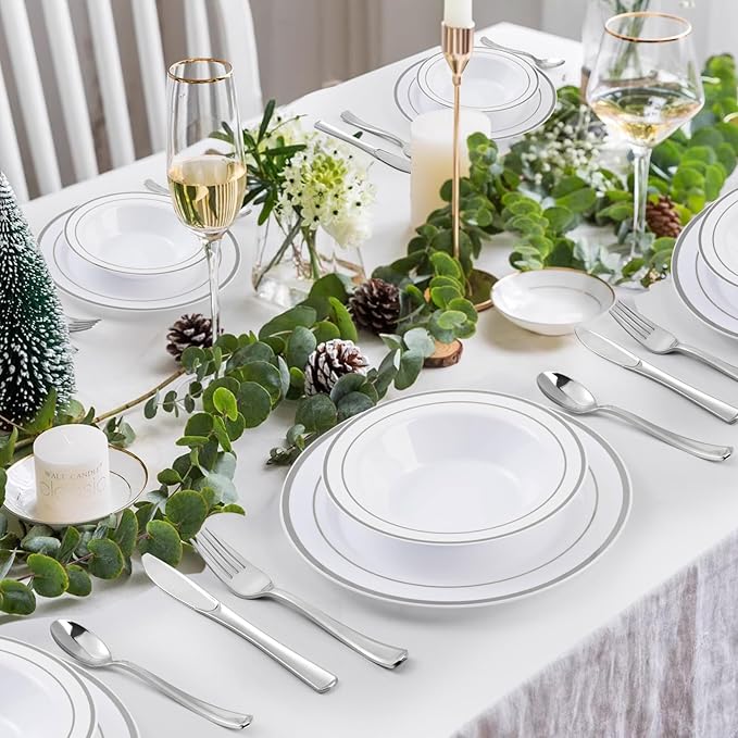 Goodluck 100 Pack Plastic Bowls with Silver Rim, 12oz Disposable Soup Bowls, Heavy Duty Dessert Bowls for Weddings, Parties, Dinners, Catering, and Everyday Use