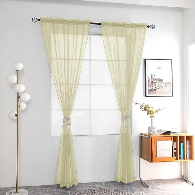 youleyar Solid Sheer Rod Pocket Curtain Voile Draperies 2 Panels White Beige Black Ivory Coffee 26 Inch Width 24 Inch Long 1 Pair for Kitchen Bedroom Children Living Room Yard(Sage Green,26W x 24L)