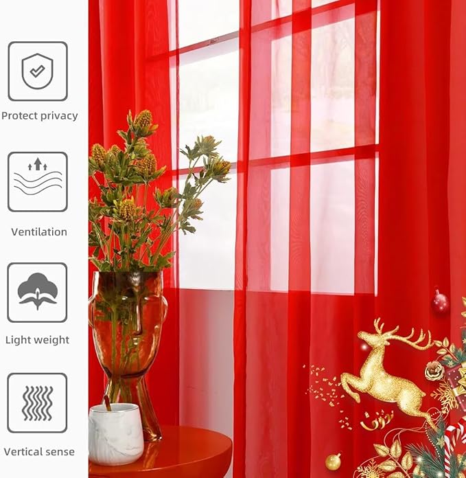 youleyar Solid Sheer Rod Pocket Curtain Voile Draperies 4 Panels White Beige Black Grey Ivory 52 Inch Width 90 Inch Long 1 Pair for Kitchen Bedroom Children Living Room Yard(Red,52 Wｘ90 L)