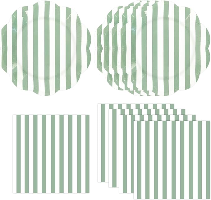 50PCS Sage Green Striped Paper Plates and Napkins Party Supplies, Green and White Scalloped Party Plates and Napkins Tableware Set for Birthday Bridal & Baby Shower Wedding Party Decoration