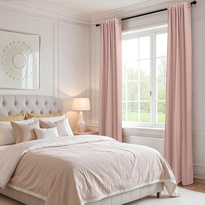 100% Blackout Shield Linen Blackout Curtains for Bedroom 102 Inches Long, Back Tab/Rod Pocket Living Room Drapes, Thermal Insulated Blackout Curtains 2 Panels Set, 50" W x 102" L, Blush Pink