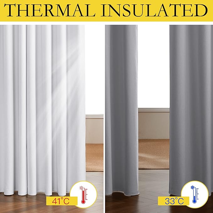 NICETOWN 100% Absolutely Blackout Linen Curtains with Thermal Insulated White Liner, White, 34 inches Wide, 60 inches Length Energy Saving Curtains for Cupboard 2 Panels Set, Vertical Blinds