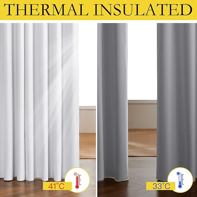 NICETOWN 100% Absolutely Blackout Linen Curtains with Thermal Insulated White Liner, White, 52 inches Wide, 72 inches Length Energy Saving Curtains for Living Room 2 Panels Set, Vertical Blinds