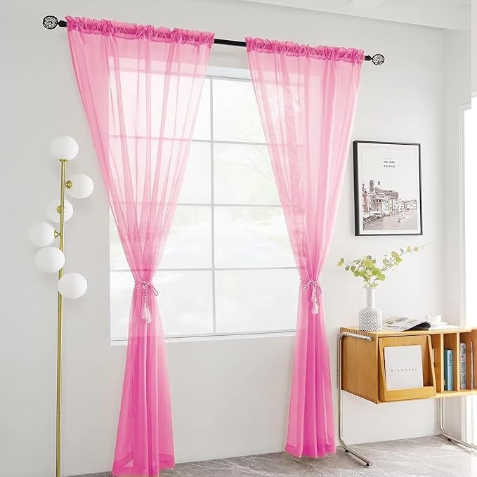 youleyar Solid Sheer Rod Pocket Curtain Voile Draperies 2 Panels White Beige Black Grey Coffee 52 Inch Width 108 Inch Long 1 Pair for Kitchen Bedroom Children Living Room Yard (New Pink,52Wｘ108L)