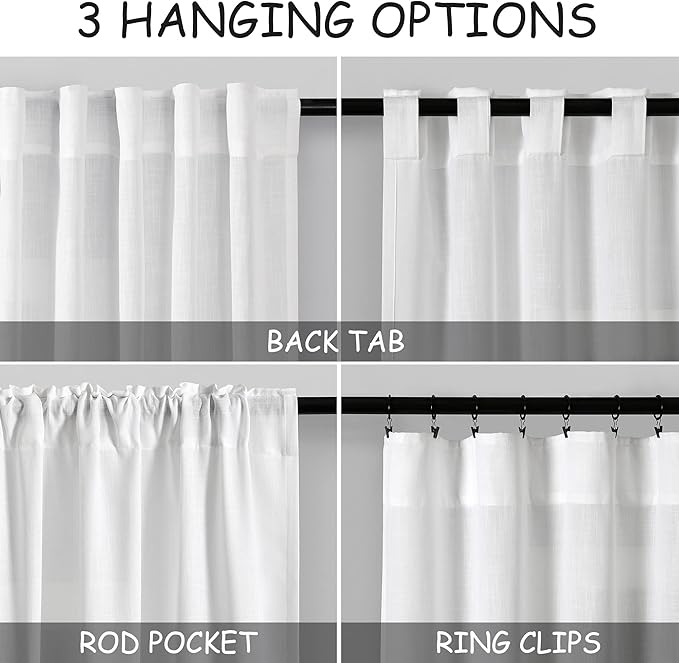 Nanspring Linen White Extra Long Curtains for Living Room Back Tab Light Filtering Semi Sheer Drapes 2 Panels Set Modern Farmhouse Decor Linen Textured Curtain for Floor to Ceiling Window 52x138