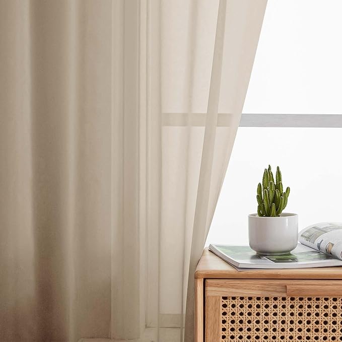 Extra Long Sheer Taupe Curtains for Bedroom Living Room 108 Inches Long 2 Panels Set, Solid Soft Light Filtering Rod Pocket Sheer Window Curtains, Taupe, Each 42" Wx108 L Inch
