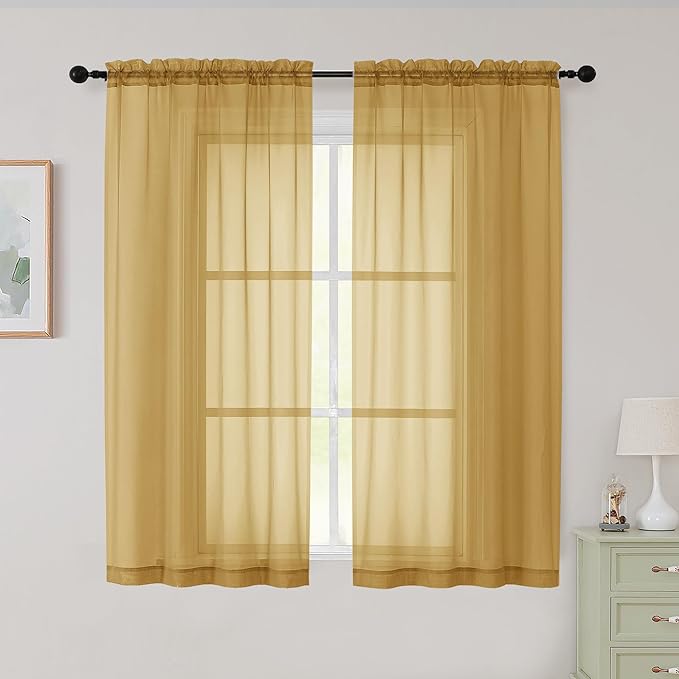 Sheer Gold Curtains for Bedroom Living Room 54 Inch Length 2 Panels Set, Solid Soft Airy Light Filtering Window Treatments, Modern Rod Pocket Drapes, Gold, 42" Wx54 L Inches