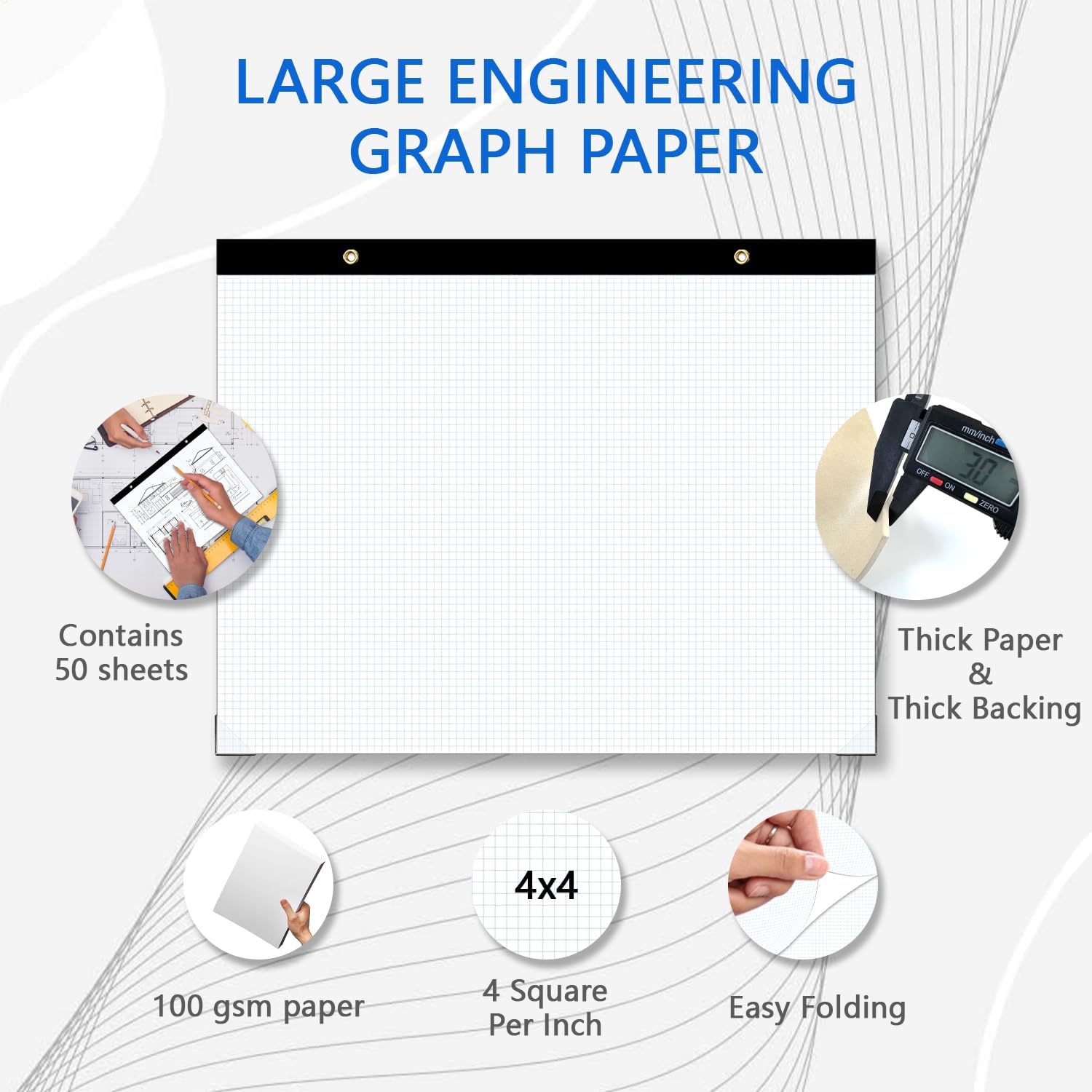 (2 Pack) Large Engineering Graph Paper Pad, 100 Sheets/200 Pages, 22" x 17" Quadrille Grid Paper for Drafting, Engineering, Blueprint Drawing, Architect Designer, 4"x4" Blue Grid, Giant Drafting Pad