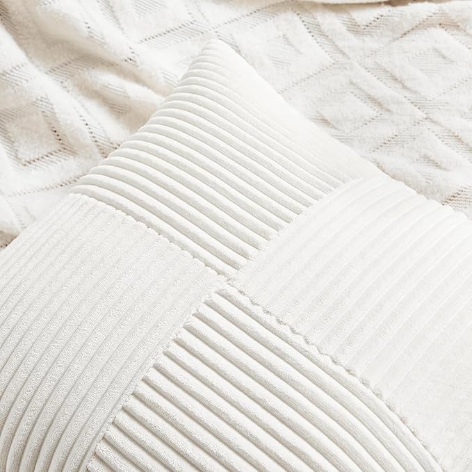Fancy Homi 2 Packs Cream White Samll Decorative Throw Pillow Covers 12x12 Inch with for Couch Bed Sofa, Rustic Farmhouse Boho Home Decor, Soft Corss Patchwork Corduroy Square Cushion Case 30x30 cm