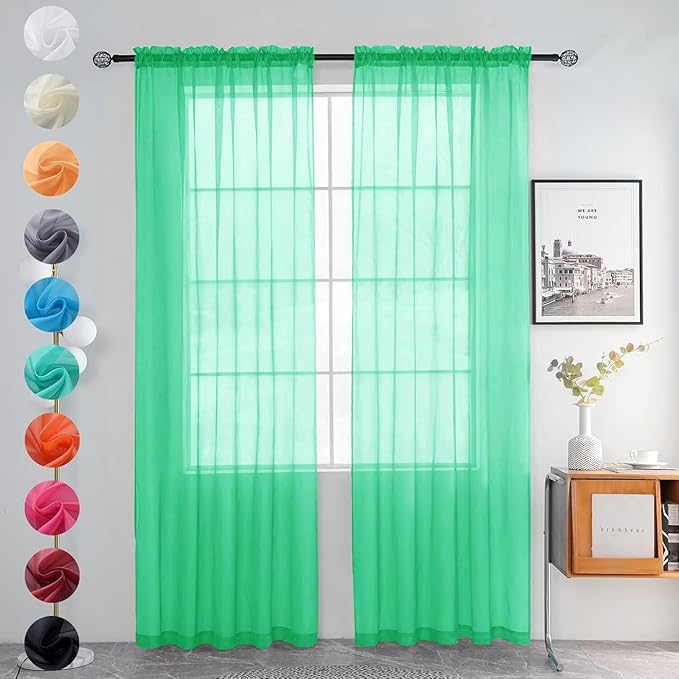 youleyar Solid Sheer Rod Pocket Curtain Voile Draperies 2 Panels White Beige Black Grey Ivory 52 Inch Width 108 Inch Long 1 Pair for Kitchen Bedroom Children Living Room Yard (Grass Green,52Wｘ108L)