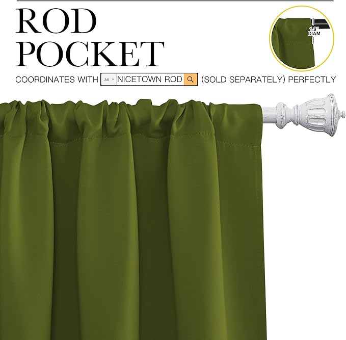 NICETOWN Bedroom Curtains Draperies with Rod Pocket, Nursery Essential Thermal Insulated Blackout Curtain Panels for Small Window (Olive Green, 1 Pair, 34 x 63)
