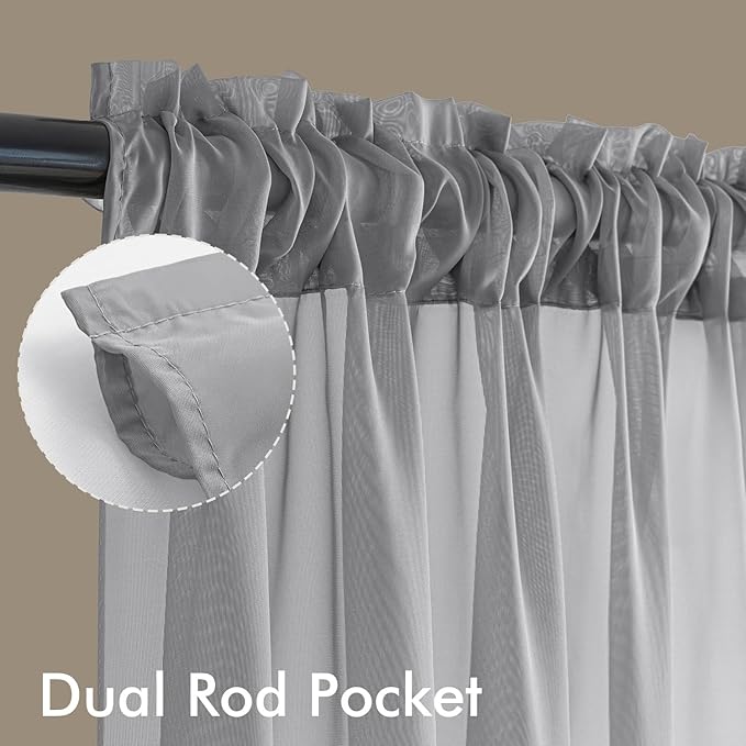 MIULEE Dark Grey Sheer Curtains 90 Inches Long, 4 Panels Set, Rod Pocket Light Filtering Window Drapes for Bedroom and Living Room, Elegant Airy Fabric, 54 x 90 Inches