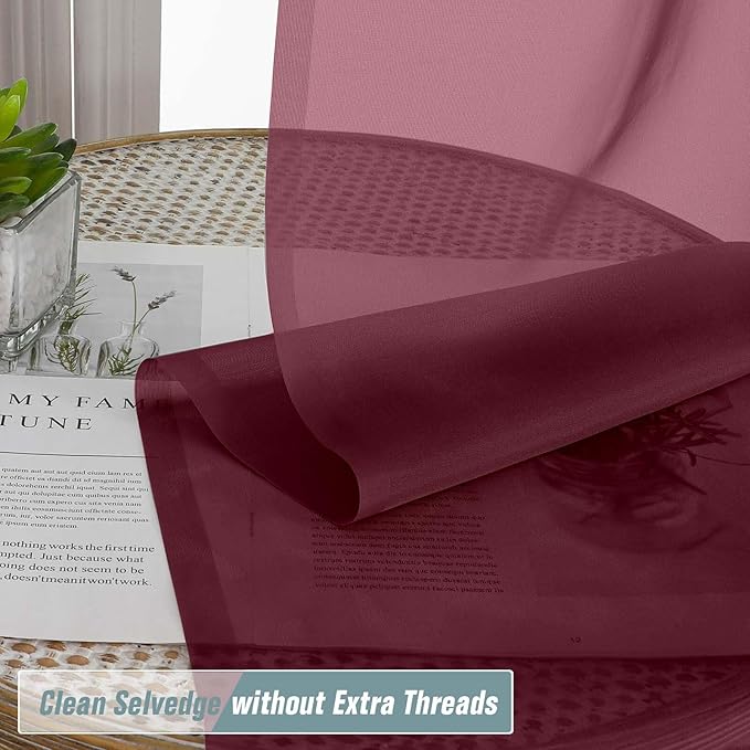 Extra Wide Sheer Curtains 90 Inches Long 2 Panels, Light Filtering Lightweight Solid Sheer Curtains for Bedroom Living Room, Christmas Window Sheer Drapes, Dual Rod Pocket, Burgundy, 2x59Wx90L