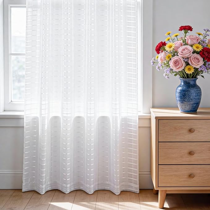 SpaceDresser Check Sheer Curtains 108 Inches Long for Living Room, Rod Pocket Plaid Semi Sheer Drapes for Kitchen Bedroom（White, 52W x 108L）