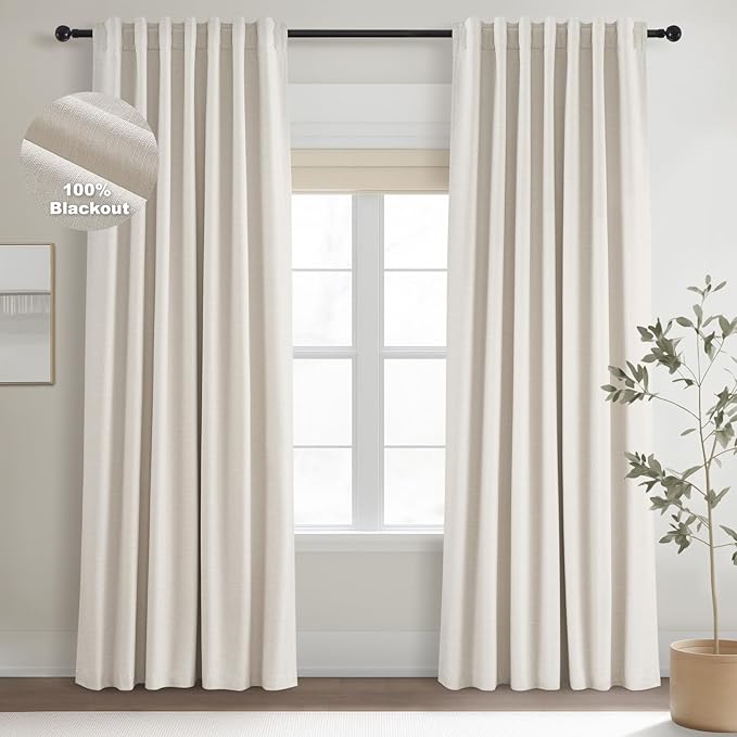 Topfinel 105 Inches Long Custom Black Out Faux Thick Linen Drapery Two Panels, Cream White Back Tab Rod Pocket Rustic Ivory Curtains, Pleated Curtains, Outdoor Patio Curtains Winter Christmas Decor