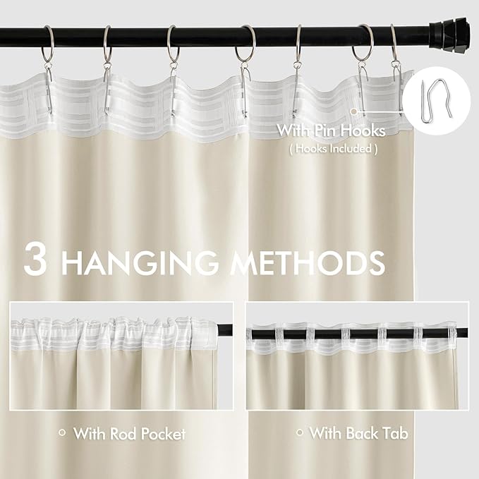 MIULEE Beige White Back Tab Blackout Curtains 72 Inches Long 2 Panels Set for Living Room Bedroom Privacy, Rod Pocket/Pinch Pleat Thermal Insulated Room Darkening Pleated Light Blocking Drapes
