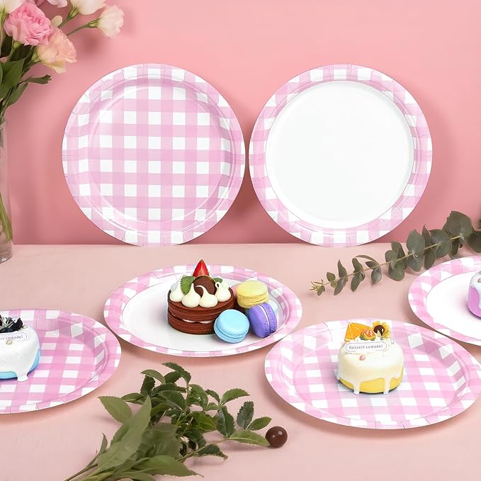 32 Pcs Pink Gingham Party Plates - 9 Inch Checkered Plaid Dessert Plates Disposable Pink and White Paper Plate - For Picnic BBQ Birthday Dinner Party Supplies
