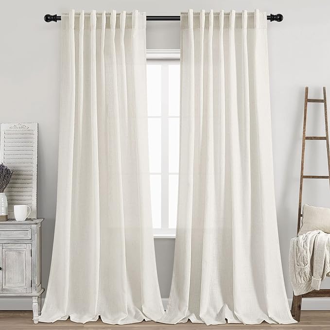 Back Tab Linen Curtains 96 inches Long 2 Panels Set for Living Room Sliding Glass Door Ivory Cream Semi Sheer Curtains Light Filtering Canvas Cloth Linen Drapes 96 inch Floor to Ceiling Length