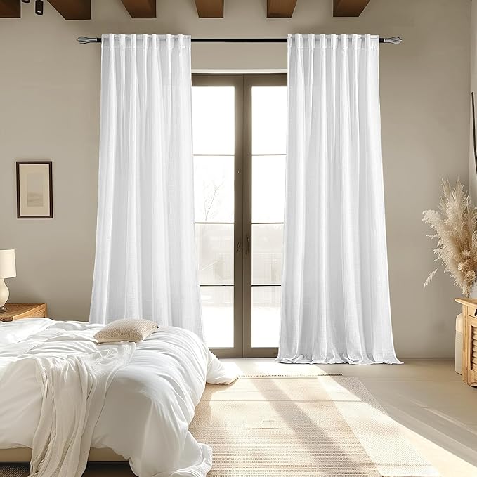 MIULEE White Linen Curtains 86 Inch Long 2 Panels for Bedroom Living Room, Soft Thick Linen Textured Back Tab Window Drapes Semi Sheer Light Filtering Rod Pocket Modern Farmhouse Decor