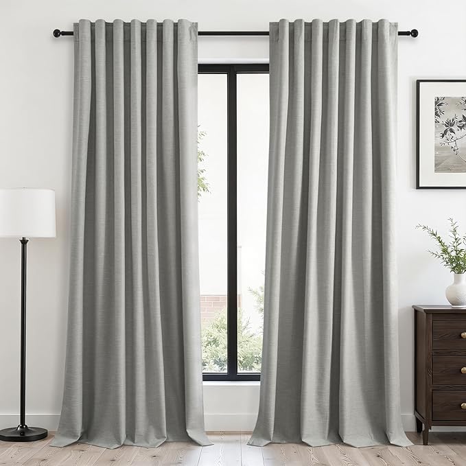 Frost Grey Blackout Linen Curtains 96 Inches Long 2 Panels for Bedroom 100% Black Out Curtains Thermal Insulated Noise Reducing Neutral Modern Living Room Darkening Window Drapes 96 inches Length