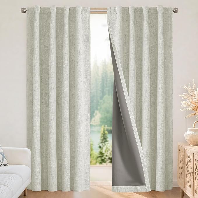 Joydeco Linen Blackout Curtains for Bedroom - 100% Light Blocking 1 Panels, Light Beige Drapes 100" W x 90" L, Thermal Insulated Room Darkening Curtains for Living Room, Rod Pocket & Back Tabs