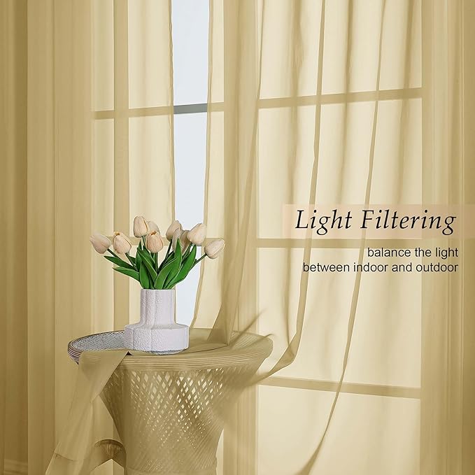 Gold Sheer Curtains for Bedroom Living Room 96 Inches Long 2 Panels, Modern Airy Soft Lightweight Rod Pocket Light Filtering Sheer Curtains Drapes, Gold, Each 59" Wx96 L Inch