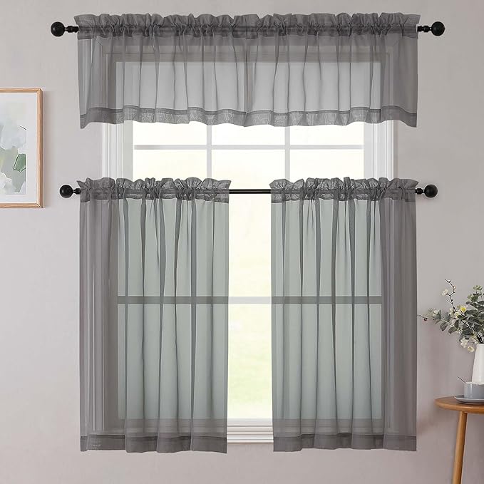 Grey Valances for Windows, Sheer Curtains 14 Inch Length 2 Pack Kitchen Curtain, Modern Solid Mini Small Window Curtains for Cafe Bathroom Basement, Grey, 42" Wx14 L Inch
