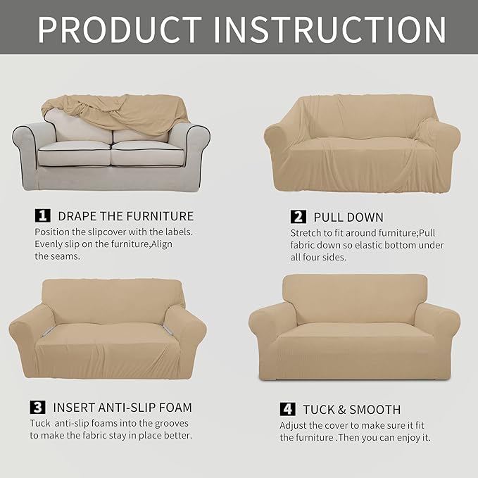 Easy-Going Stretch Oversized Chair Sofa Slipcover 1-Piece Couch Sofa Cover Furniture Protector Soft with Elastic Bottom for Kids Spandex Jacquard Fabric Small Checks Sand