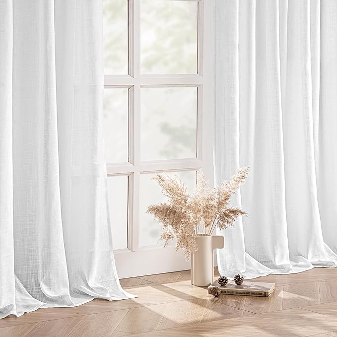 MIULEE White Linen Curtains Short 45 Inch Length 2 Panels for Kitchen Bedroom, Soft Thick Linen Textured Window Drapes Semi Sheer Light Filtering Back Tab Rod Pocket Burlap Look Decor
