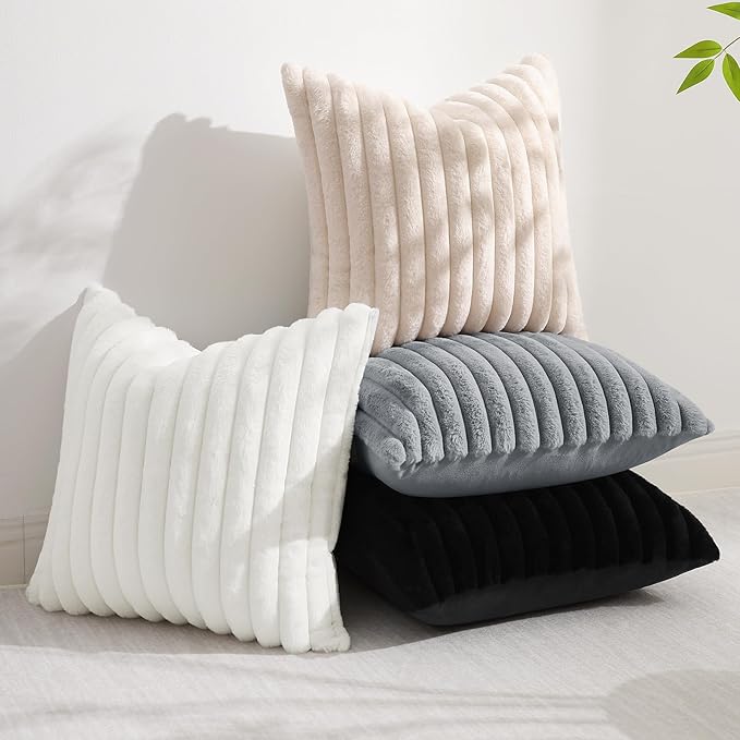 decorUhome Cozy Faux Fur Throw Pillow Covers 24x24 Set of 2 Decorative Soft Plush Striped Modern Farmhouse Boho Couch Euro Sham Pillow Cases with Velvet Back for Sofa Bed Living Room, Black