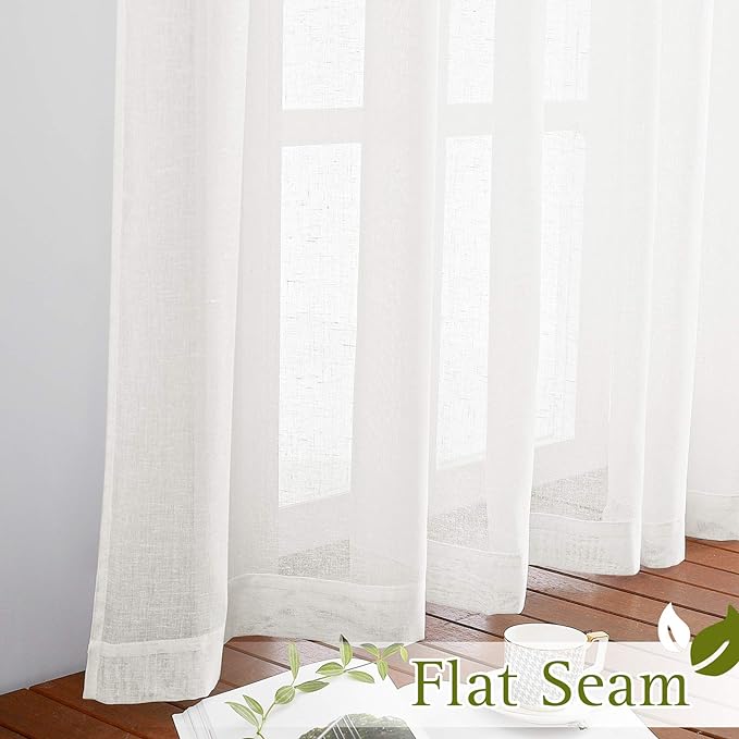 NICETOWN 45 inch Long Rich Linen Curtains Flax Texture, Grommet Top Rustic Drapes Half Window Semi Sheer with Light Filtering for Kitchen/Nursery/Cafe, Ivory, 104" Wide Total 2 Panels