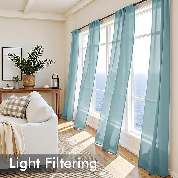 MIULEE Dusty Blue Sheer Curtains 108 Inches Long, 4 Panels Set, Light Filtering Rod Pocket Voile Drapes for Living Room and Bedroom, Airy Soft Fabric Window Treatments, 42 x 108 Inches