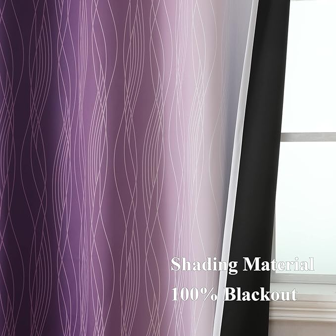 Estelar Textiler Purple and Greyish White Ombre Blackout Curtains 45 Inch Length 2 Panels, Full Room Darkening Gradient Drapes for Kitchen,Thermal Insulated Grommet Short Curtains for Bathroom,42Wx45L