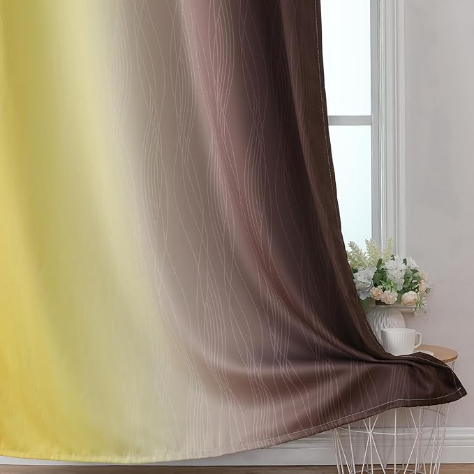 Estelar Textiler Yellow and Brown Blackout Curtains, Full Light Blocking Gradient Grommet Drapes for Living Room, Thermal Insulated Ombre Curtains for Bathroom, 52Wx54L, 2 Panels