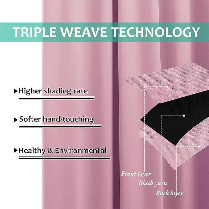 NICETOWN 100% Blackout Curtains with Black Liners, Thermal Insulated Full Blackout 2-Layer Lined Drapes, Energy Efficiency Window Draperies for Bedroom (Crystal Pink, 2 Panels, 52-inch W by 63-inch L)