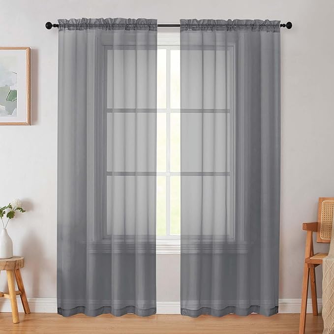 Grey Sheer Curtain for Bedroom Living Room 78 Inches Long 2 Panels Set, Solid Soft Airy Light Filtering Sheer Window Curtains, Modern Rod Pocket Door Curtain, Grey, 42" Wx78 L Inches
