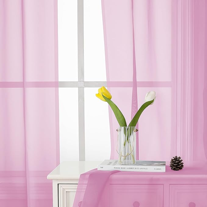 Lecloud Light Pink Sheer Curtains 54 Inch Length 2 Panels, Voile Airy Drapes for Bedroom Windows, Light Filtering Elegant Tulle Curtains Dual Rod Pocket, Each Panel 42 X 54 Inch