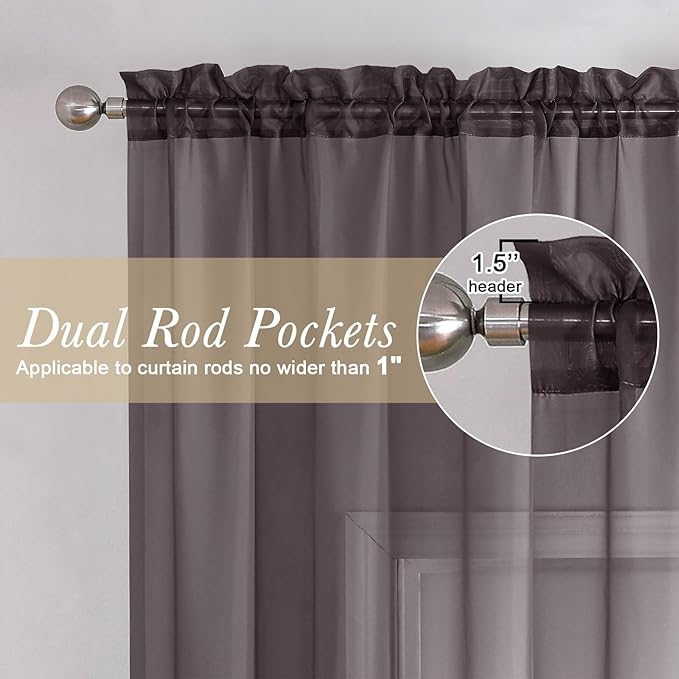 Lecloud Chocolate Sheer Curtains 96 Inches Long 2 Panels, Voile Breathable Sheer Curtain for Windows, Soft Transparent Curtains for Living Room Bedroom Rod Pocket, Each Panel 42 X 96 Inch