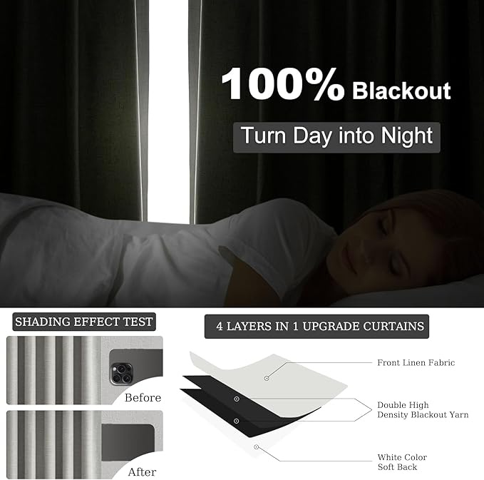 Frost Grey Blackout Linen Curtains 96 Inches Long 2 Panels for Bedroom 100% Black Out Curtains Thermal Insulated Noise Reducing Neutral Modern Living Room Darkening Window Drapes 96 inches Length