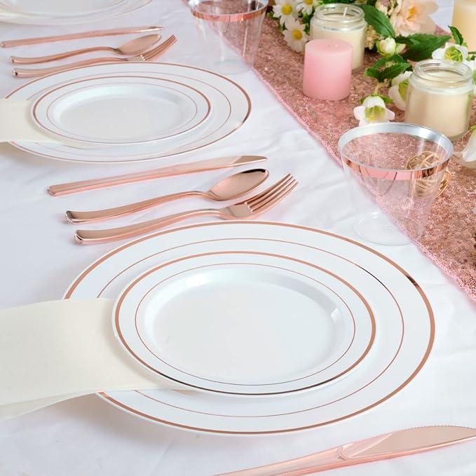 FOCUSLINE 600 Ct Rose Gold Dinnerware Set for 100 Guests - Rose Gold Rimmed Disposable Plastic Plates, Includes 100 Dinner & Salad Plates, Cups, Cutlery Set for Wedding Parties