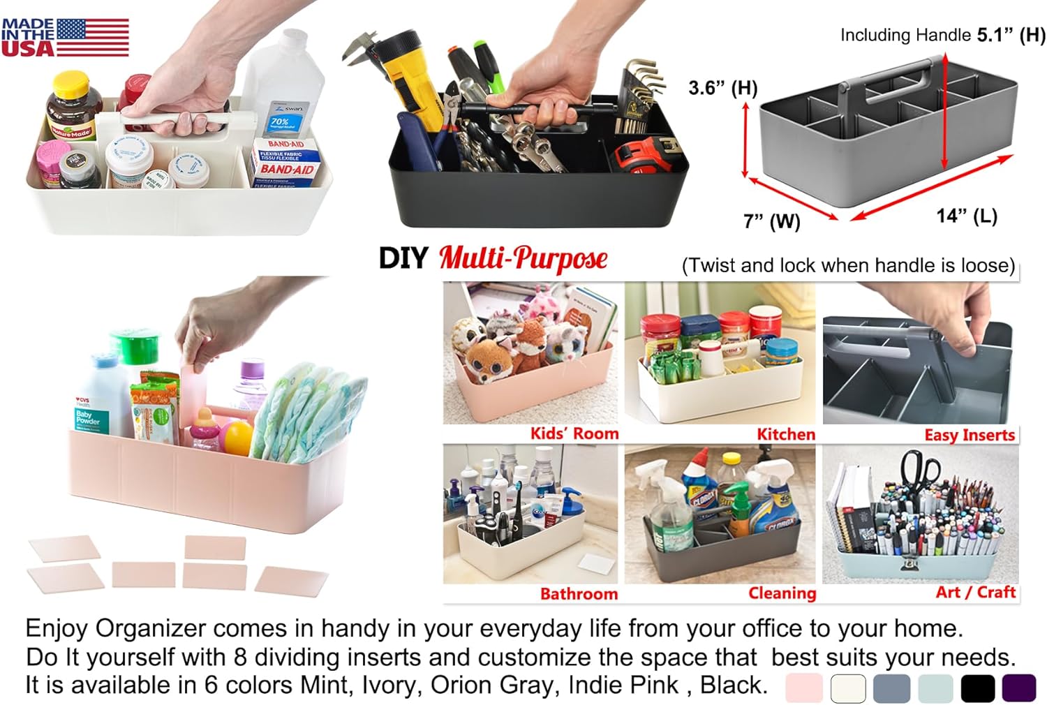 -Large Portable Caddy, DIY Dividers, 8 Compartments, Office Supplies Organizer, Simple, Portable Basket with Handle Storage Organizer Modern,Endless Multi Use -Made in USA