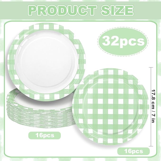 32 Pcs Green Gingham Party Plates - 7 Inch Checkered Plaid Dessert Plates Disposable Green and White Paper Plate - For Picnic BBQ Birthday Dinner Party Supplies