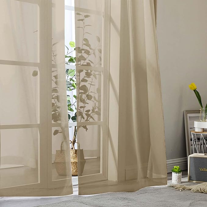 Extra Long Sheer Taupe Curtains for Bedroom Living Room 108 Inches Long 2 Panels Set, Solid Soft Light Filtering Rod Pocket Sheer Window Curtains, Taupe, Each 42" Wx108 L Inch