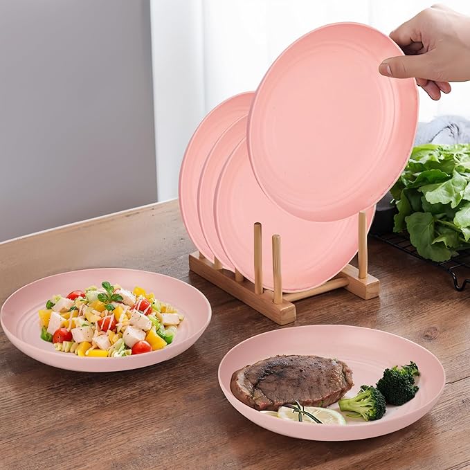 Rubtlamp 16Pcs Plastic Wheat Straw Dinnerware Set, Reusable Plastic Plate Set for 4, Kitchen Plates And Bowls Set (Pink) Include Dinner Platos, Dessert Platos, Cereal Bowls, Cups for Daily, Camping