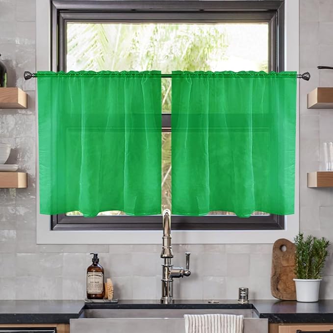 youleyar Solid Sheer Rod Pocket Curtain Voile Draperies 2 Panels White Beige Black Ivory Coffee 26 Inch Width 24 Inch Long 1 Pair for Kitchen Bedroom Children Living Room Yard(Green,26W x 24L)