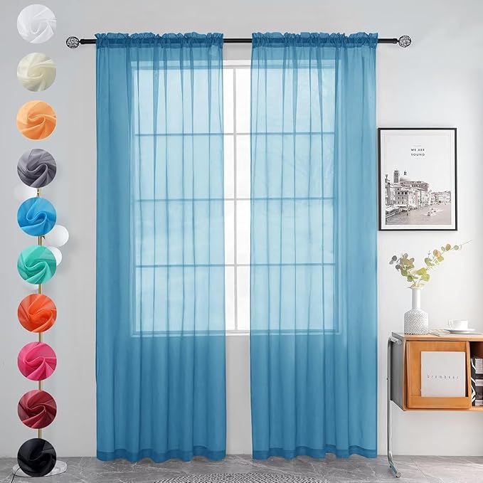 youleyar Solid Sheer Rod Pocket Curtain Voile Draperies 2 Panels White Beige Black Grey Ivory 52 Inch Width 63 Inch Long 1 Pair for Kitchen Bedroom Children Living Room Yard (Blue,52Wｘ63L)